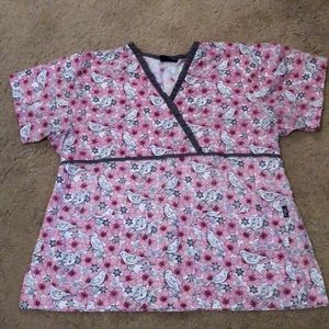 Pink flower and bird print scrub top